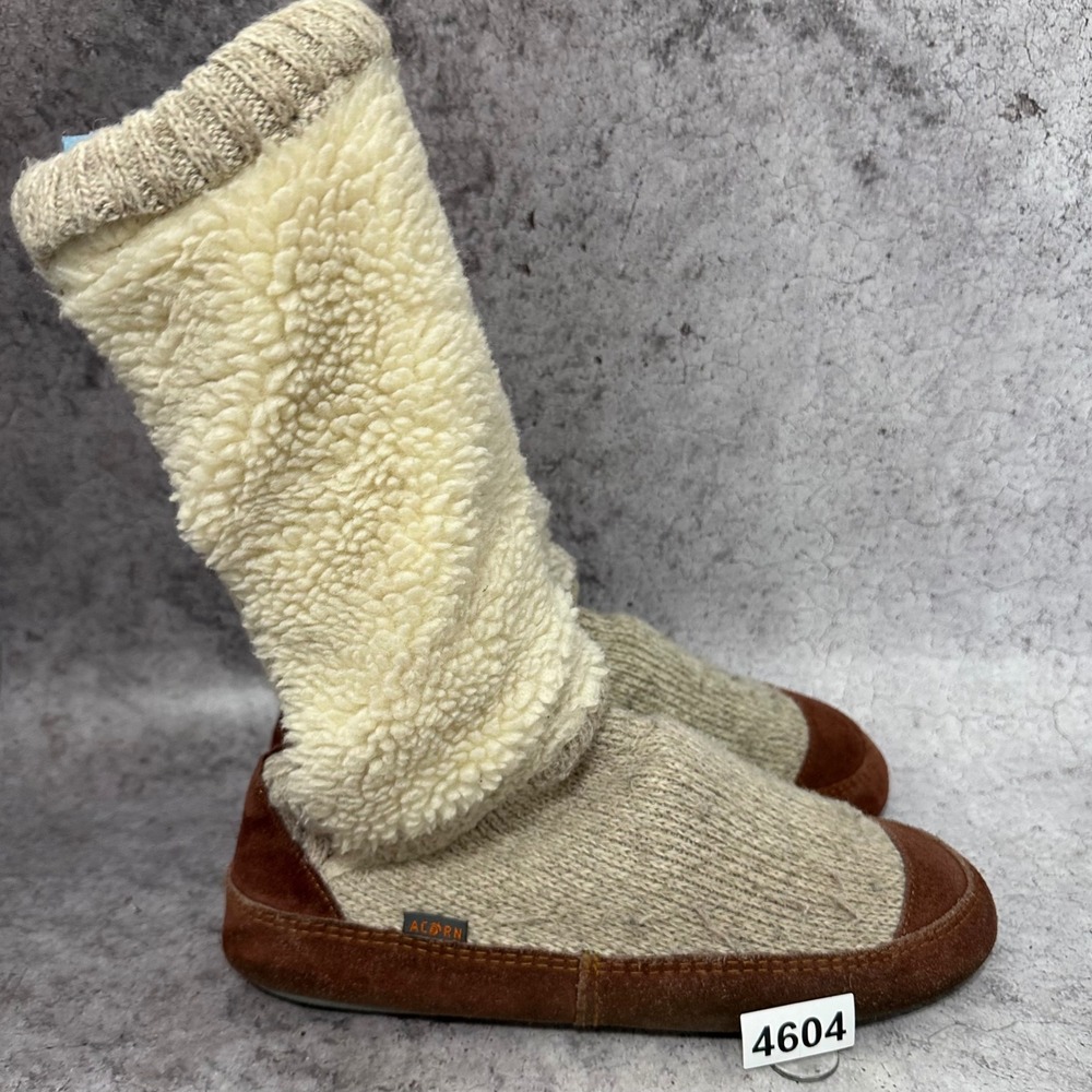 Acorn Slouch Boot Slippers Women 9.5-10.5 Buff Popcorn Fleece Suede Trim Warm
